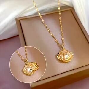 Dainty Gold Tone Clamshell & Pearl Necklace Women's Valentine's Birthday Gift